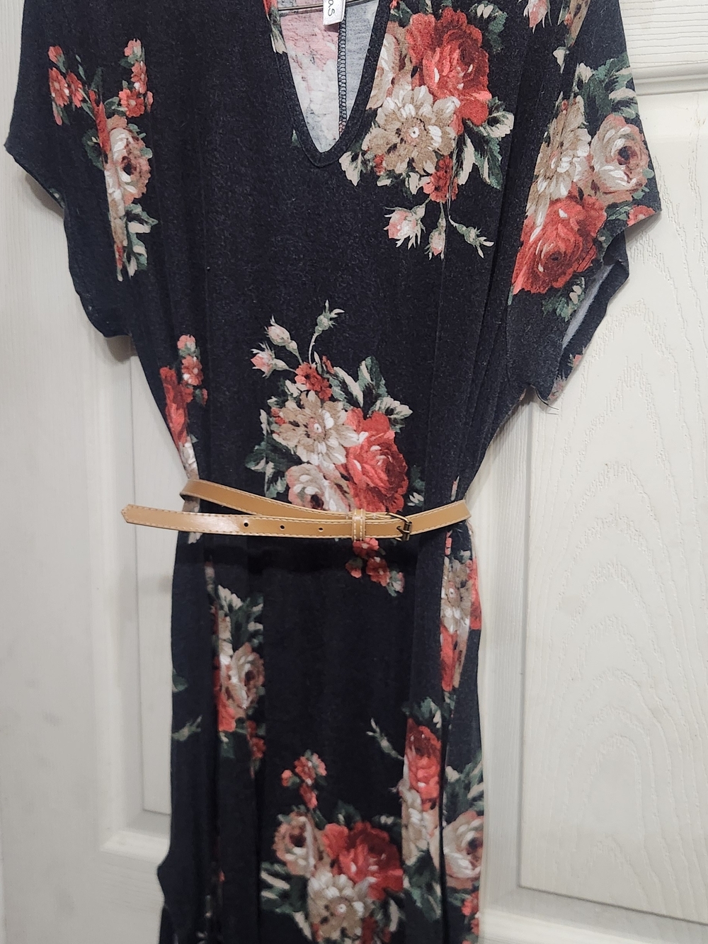 Floral V-Neck Maxi Dress in Black with Red Rose Print